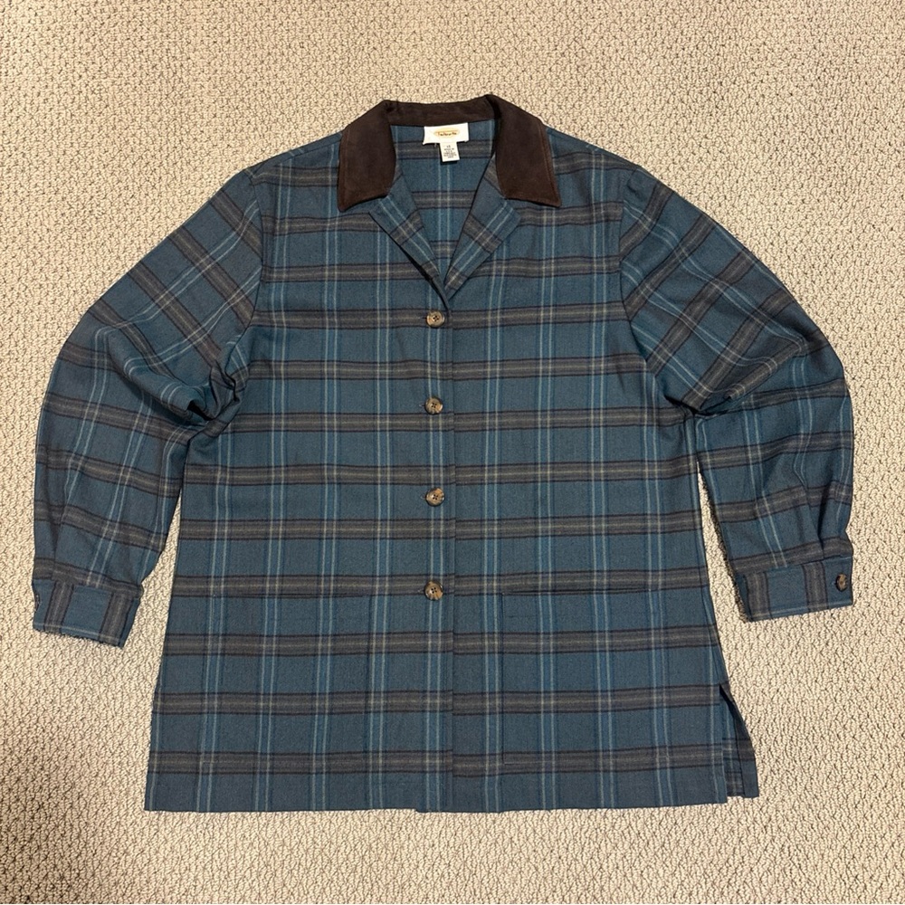 Talbots Top Womens 12 Teal Plaid Wool Leather Shacket Shirt Jacket Pockets
